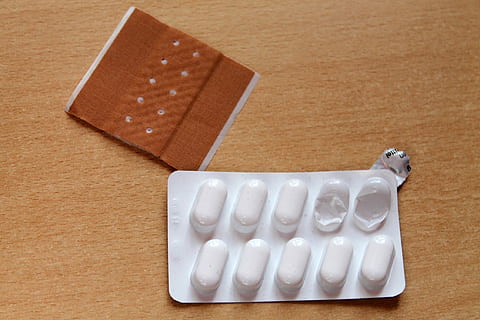 Patch, Tablets, Ill, Medical, no people, healthcare and medicine, pill, medicine, nutritional supplement, day, table, indoors, dose, still life, blister pack, directly above, wood - material, high angle view, close-up, food and drink, food, social issues, studio shot, single object, capsule, convenience food, 1080P, CC0, public domain, royalty free