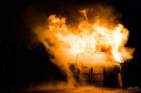 photography, burning, house, nighttime, fire, flames, smoke, night, dark, wood, building, fire - natural phenomenon, flame, heat - temperature, destruction, inferno, danger, accidents and disasters, sign, warning sign, communication, exploding, smoke - physical structure, no people, motion, nature, damaged, outdoors, architecture, aggression, firework display, explosive, demolished, 2K, CC0, public domain, royalty free