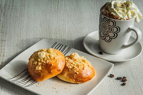 breakfast, bun, coffee, mug, food and drink, food, eating utensil, kitchen utensil, sweet food, drink, freshness, table, cup, sweet, coffee - drink, spoon, dessert, baked, crockery, indoors, plate, indulgence, saucer, hot drink, no people, temptation, baked pastry item, teaspoon, snack, 1080P, CC0, public domain, royalty free