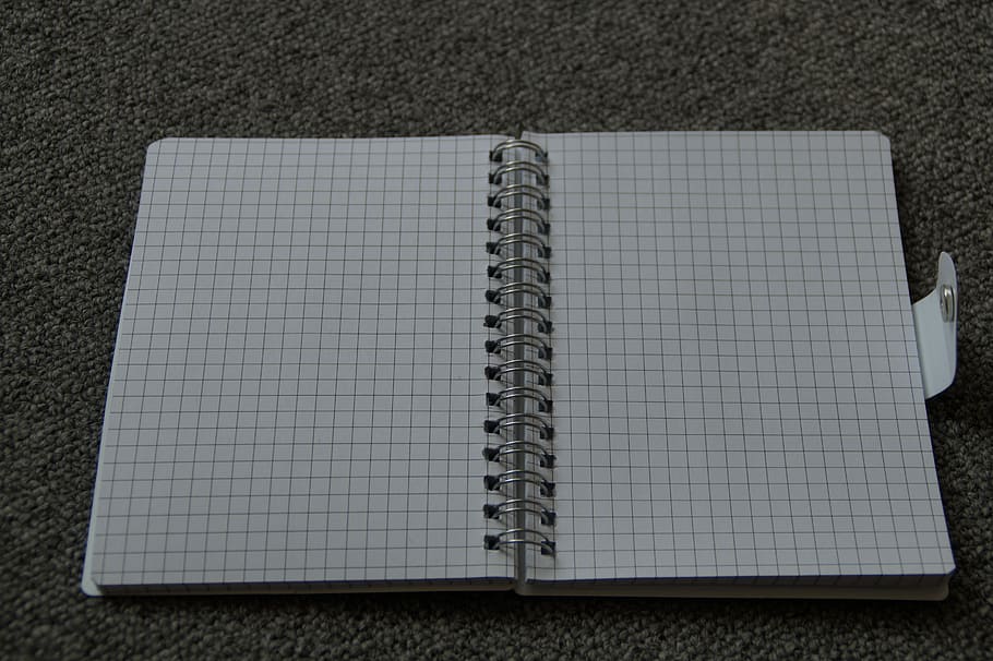 quadern, nota, diari, notes, bindung, entrar, sortir, Escriu a sota, fulletó, llibre, assumpte, paper, quadres, en blanc, Color blanc, pàgina, paper folrat, cap gent, bloc de notes, publicació, vista d’angle alt, quadern d’espiral, a l'interior, obert, còpia espai, primer pla, educació, natura morta, subministrament d’oficina, bolígraf, patró, 5K