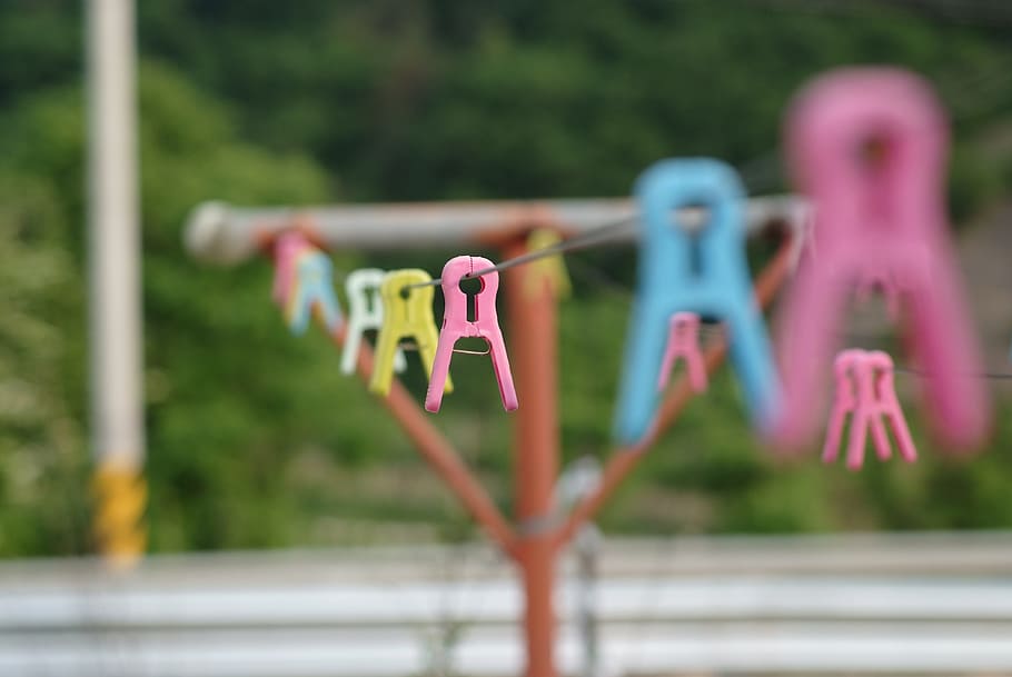 lyserød, gul, plast tøj clips, vasketøj, tøjklemme, sommer, hængende, fokus på forgrunden, dag, udendørs, ingen mennesker, tæt på, i en række, lyserød farve, sikkerhed, selektiv fokusering, beskyttelse, metal, natur, tørresnoren, side om side, gruppe af objekter, fravær, tom, 4K