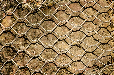 wires, white, wired, hexagonal, patterns, hexagons, stone, walls, backgrounds, rocky, rocks, grey, brown, symmetrical, designs, symmetry, repetition, nets, network, full frame, pattern, no people, fence, close-up, nature, hexagon, chainlink fence, outdoors, textured, land, barrier, day, dirt, environment, dry, geometric shape, boundary, landscape, climate, 4K, CC0, public domain, royalty free
