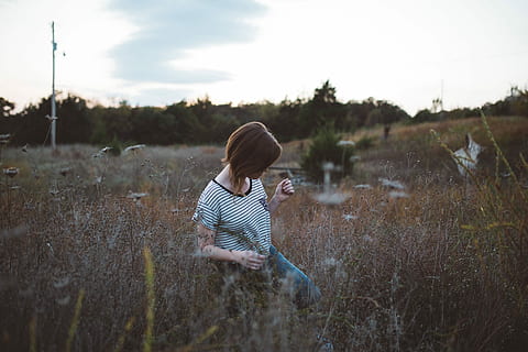 woman, white, black, woman in white, T-shirt, outdoors, nature, child, time Of Day, one Person, people, caucasian Ethnicity, color Image, childhood, day, summer, ethnicity, image Technique, children Only, copy Space, image Type, rural Scene, only women, one woman only, adults only, casual clothing, adult, plant, field, real people, land, leisure activity, grass, sky, sitting, young adult, lifestyles, women, landscape, young women, hairstyle, 5K, CC0, public domain, royalty free