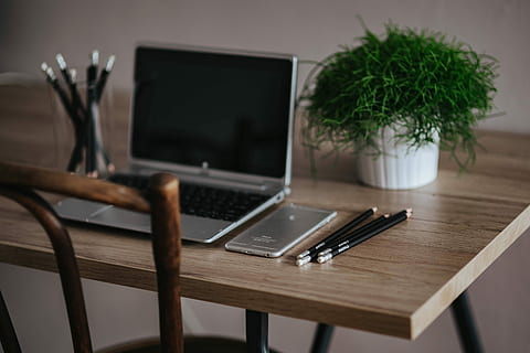 silver acer laptop, wooden, desk, green, plant, pencils, Silver, Acer, laptop, green plant, Apple iPhone, workplace, computer, notebook, technology, business, office, table, indoors, no People, computer Keyboard, modern, internet, pC, wireless technology, wood - material, communication, furniture, connection, potted plant, nature, still life, pen, digital tablet, equipment, houseplant, 4K