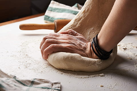 dough and hands, person kneading dough, dough, bread, baking, hands, kneading, human body part, food, food and drink, preparation, hand, human hand, adult, indoors, flour, women, making, preparing food, people, freshness, rolling pin, close-up, pizza, table, human limb, 5K, CC0, public domain, royalty free