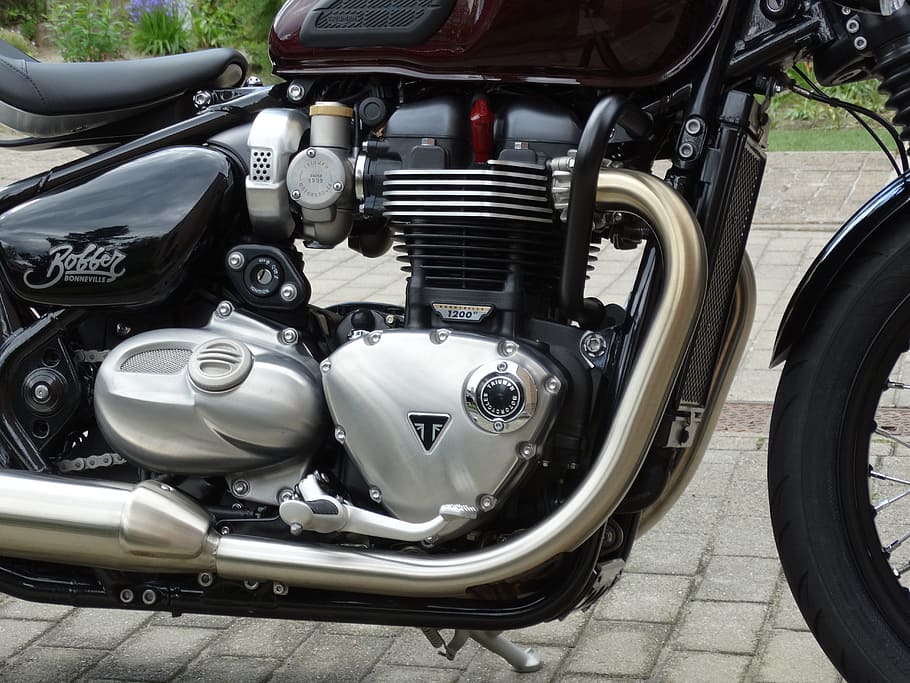 triomf, motor, 1200cc, bobber, manera de transport, transport, vehicle terrestre, estacionari, dia, cap gent, moto, a l'aire lliure, automòbil, cotxe, metall, carrer, aparcament, faro, viatjar, ciutat, scooter, primer pla, vista d’angle alt, roda, crom, color plata, 5K