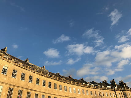crescent, bath, architecture, building exterior, built structure, sky, cloud - sky, nature, low angle view, window, the past, building, history, no people, travel destinations, day, city, outdoors, travel, blue, mansion, government, colonnade, 4K, CC0, public domain, royalty free