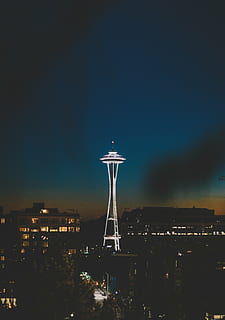 ago spaziale, Seattle, Washington, bianca, alleggerire, grattacielo, ore notturne, buio, notte, costruzione, struttura, città, alberi, strada, luci, cielo, auto, veicolo, architettura, paesaggio urbano, struttura costruita, destinazioni di viaggio, esterno dell'edificio, illuminato, viaggio, natura, Torre, nessuno, alto - alto, turismo, all'aperto, edificio per uffici esterno, 4K, CC0, dominio pubblico, privo di copyright