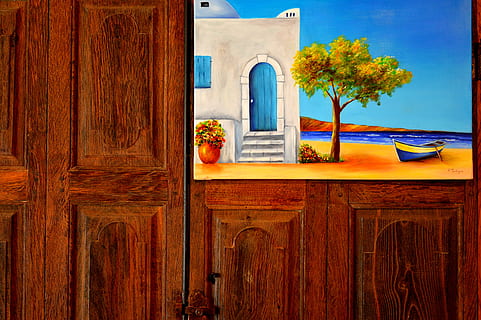 taula, perspectiva, suport, porta, pintura, color, material de fusta, estructura construïda, cap gent, arquitectura, entrada, dia, exterior de l'edifici, edifici, naturalesa, finestra, tancat, planta, arbre, a l'aire lliure, fusta, casa, història, funció de construcció de parets, marró, 5K, CC0, domini públic, lliure de regalies