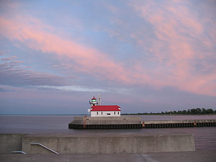 sunset, lighthouse, sky, coastline, navigation, maritime, architecture, beacon, blue, pink, lake superior, michigan, sea, harbor, water, cloud - sky, built structure, building exterior, nature, scenics - nature, beauty in nature, waterfront, no people, protection, horizon over water, building, guidance, nautical vessel, outdoors, cruise ship, passenger craft, 2K, CC0, public domain, royalty free