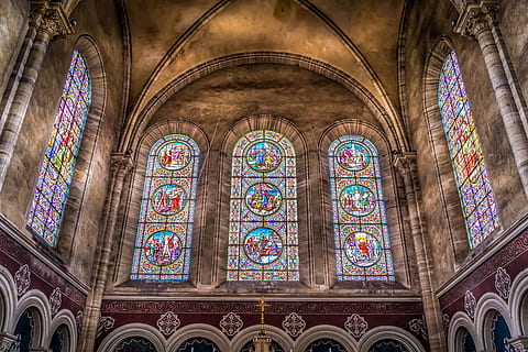 stained, glass, window, pattern, colorful, mosaic, decoration, interior, church, transparent, stained-glass, decorative, craftsmanship, geometric, colored, stained glass window, texture, stained glass, architecture, place of worship, religion, spirituality, built structure, belief, arch, low angle view, building, indoors, no people, glass - material, travel destinations, ceiling, architecture and art, architectural column, ornate, arched, 5K, CC0, public domain, royalty free