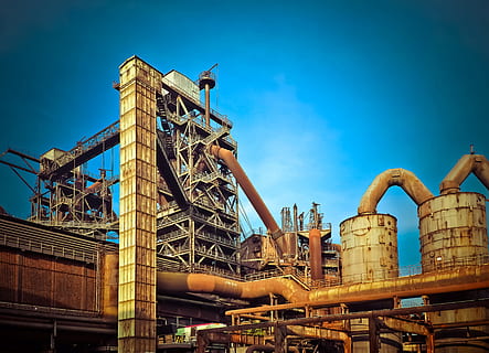 brown, gray, factory, architecture, industry, factory building, building, metal, break up, ruins, industrial heritage, industrial architecture, old factory, blast furnace, steel, ruhr area, duisburg, heavy industry, landscape park, industrial park, steel mill, industrial plant, leave, north landscape park, steel production, old, ruin, historically, old building, park, monument, places of interest, facade, landmark, sky, blue, low angle view, fuel and power generation, built structure, nature, pipe - tube, building exterior, day, outdoors, technology, oil industry, no people, machinery, industrial building, connection, industrial equipment, complexity, metal industry, 4K, CC0, public domain, royalty free