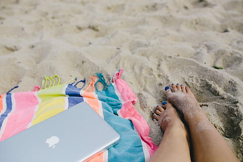 together, beach, sand, summer, computer, macbook, laptop, blanket, holidays, vacations, outdoors, sea, relaxation, lying Down, women, fun, low section, human body part, human foot, human leg, body part, barefoot, land, real people, leisure activity, lifestyles, holiday, trip, personal perspective, one person, human limb, beach towel, nail, 4K