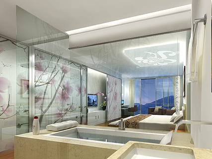 white, pink, bedspread, 3d, ceiling, interior, hotel, rendering, visualization, architecture, visualization 3d, architectural visualization, landscape, building, cgi, modern, indoors, luxury, design, no people, domestic room, home, lighting equipment, window, absence, hygiene, day, glass - material, furniture, business, factory, mirror, sink, transparent, clean, 2K, CC0, public domain, royalty free