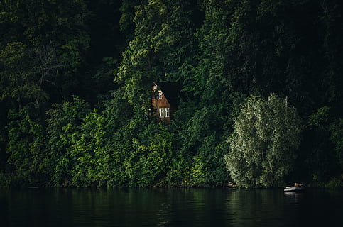 brown, white, house, surrounded, plants, trees, landscape photography, mountain, beside, nature, lake, water, river, reflection, tree, outdoors, landscape, tranquil Scene, no people, day, plant, growth, forest, beauty in nature, waterfront, green color, tranquility, scenics - nature, land, non-urban scene, 4K, CC0, public domain, royalty free