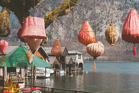 röd, beige, hängande, lyktor, träd, lykta, ljus, design, belysning, hav, hus, vatten, gren, dag, inget folk, utomhus, byggnad exteriör, arkitektur, flamingo, natur, nautiska fartyget, byggd struktur, ljusutrustning, transport, vid vatten, flod, transportsätt, paraply, 4K, CC0, offentligt domän, royaltyfria