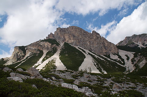 mountain, dolomites, rock, excursion, nature, cloud - sky, sky, scenics - nature, beauty in nature, tranquil scene, tranquility, landscape, day, non-urban scene, no people, environment, mountain range, idyllic, land, solid, physical geography, rock formation, outdoors, formation, mountain peak, 4K, CC0, public domain, royalty free