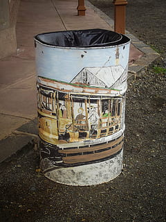 trash, bin, waste, garbage, container, can, rubbish, environmental, environment, dustbin, refuse, trashcan, litter, no people, abandoned, old, day, obsolete, damaged, outdoors, high angle view, wood - material, run-down, land, dirt, music, decline, deterioration, nature, still life, weathered, 2K, CC0, public domain, royalty free