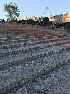 steps, light, perspective, ladder, architecture, sky, built structure, no people, day, tree, plant, nature, building exterior, outdoors, history, in a row, the past, side by side, amphitheater, tranquility, ancient, wall, tranquil scene, sunlight, 4K, CC0, public domain, royalty free
