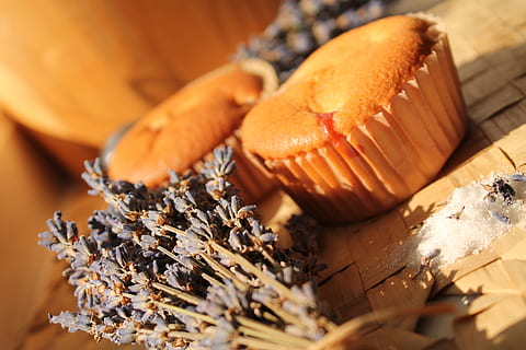 to, cupcakes, Brun, flettet overflade, lavendel, muffin, kage, mad og drikke, mad, sødt mad, bagt, tæt på, friskhed, sød, selektiv fokusering, ingen mennesker, dessert, snack, klar til at spise, usund spisning, overbærenhed, indendørs, efterår, fastfood, måltid, stilleben, fristelse, fransk mad, 4K, CC0, offentligt domæne, royaltyfrie
