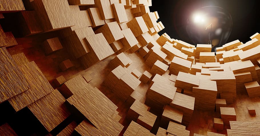 foto, marró, blocs, cub, fusta, tub, objectes, túnel, llum, passatge, cubs, brillar, cova, resum, Model 3D, material de fusta, gran grup d'objectes, a l'interior, cap gent, arquitectura, nit, il·luminat, pila, patró, llum - fenomen natural, indústria, equips d’il·luminació, flare de la lent, fons, sòls, marc complet, natura morta, 2K