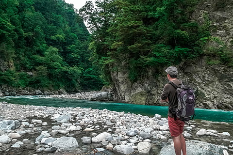 natura, persona, rocce, alberi, zaino, cascata, scogliera, torrente, flusso, idilliaco, le foglie, rapide, fiume, panoramico, tranquillo, viaggio, viaggiatore, persone reali, una persona, albero, pianta, stili di vita, attività di svago, giorno, bellezza nella natura, colore verde, giovane adulto, roccia, solido, in piedi, acqua, giovani donne, lunghezza intera, adulto, all'aperto, 5K, CC0, dominio pubblico, privo di copyright