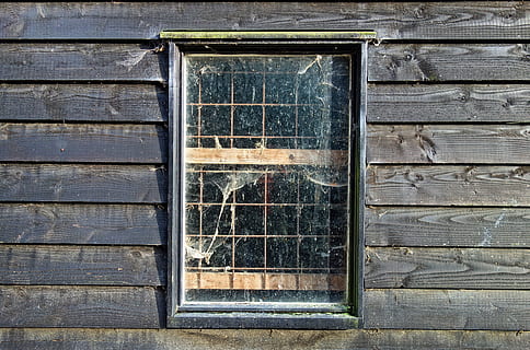 window, pane, glass, frame, bars, cobwebs, wall, wood, wooden wall, planks, black wood, old, dirty, soiled, built structure, building exterior, wood - material, architecture, glass - material, day, no people, building, house, wall - building feature, security, closed, safety, full frame, transparent, pattern, protection, outdoors, window frame, 4K, CC0, public domain, royalty free