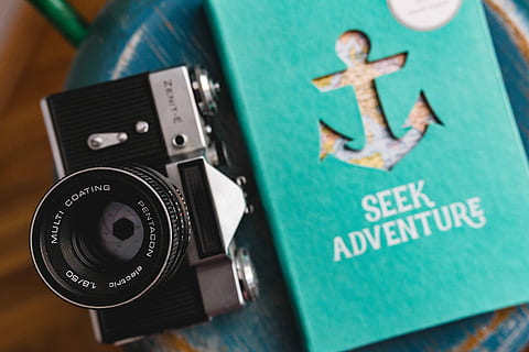 blue, notebooks, camera, wooden, stool, Blue notebooks, book, notebook, diary, seat, camera - Photographic Equipment, travel, text, no people, close-up, photography themes, indoors, western script, communication, focus on foreground, still life, high angle view, green color, representation, technology, selective focus, human representation, arts culture and entertainment, 5K, CC0, public domain, royalty free