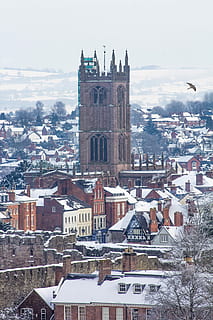 brown, tower, houses, daytime, brown cathedral, chruch, cathedral, building, architecture, city, built structure, building exterior, cold temperature, winter, snow, religion, sky, place of worship, nature, tree, belief, day, spirituality, travel destinations, no people, outdoors, cityscape, spire, 5K, CC0, public domain, royalty free