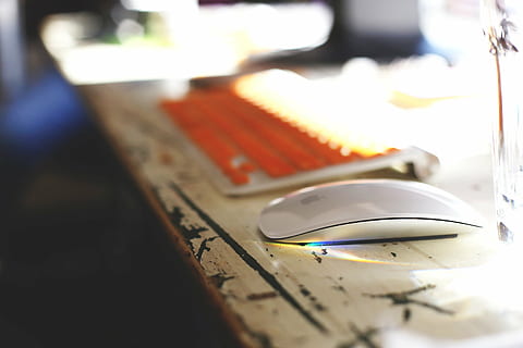 selective, focus photography, apple magic mouse, desk, apple, magic, mouse, brown, table, keyboard, technology, office, indoors, no people, close-up, laboratory, day, selective focus, still life, food and drink, focus on foreground, food, household equipment, wood - material, high angle view, kitchen utensil, business, choice, workshop, work tool, scissors, steel, 5K, CC0, public domain, royalty free
