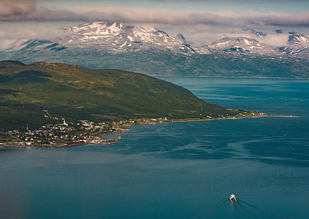 aerial, view photography, snow, covered, mountain, beside, ocean, bay, boats, clouds, coast, daylight, dock, green, island, landscape, mountains, nature, outdoors, rocks, scenic, sea, seascape, seashore, sky, summer, town, water, scenics - nature, beauty in nature, land, mountain range, cloud - sky, no people, cold temperature, tranquil scene, environment, travel destinations, winter, tranquility, snowcapped mountain, 5K