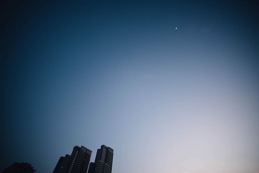 high-rise, buildings, blue, sky, city buildings, moon, skyscraper, building, night, negative space, architecture, built structure, building exterior, city, low angle view, no people, nature, office building exterior, clear sky, vignette, copy space, dusk, space, tall - high, outdoors, modern, 5K