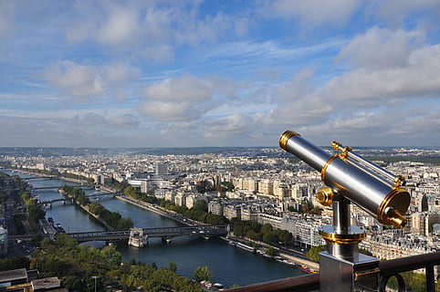 gray, tower viewer, front, city buildings, Paris, Eiffel Tower, View, cityscape, hand-held telescope, coin-operated binoculars, city, telescope, cloud - sky, architecture, building exterior, built structure, sky, coin operated, nature, optical instrument, binoculars, no people, outdoors, water, surveillance, day, building, astronomy, 4K, CC0, public domain, royalty free