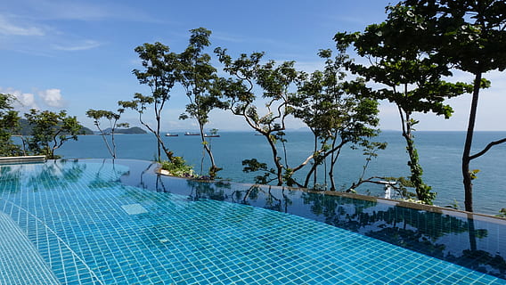 Infinity-Pool, Hintergrundansicht, öffnen, Meer, tagsüber, Grün, Bäume, Poolrand, Schwimmbad, Meerblick, endloser Pool, Unendlichkeit, Ozean, Blau, Natur, Sommer-, Wasser, Sonnenkollektor, draußen, keine Leute, Himmel, Sonnenlicht, am Pool, Luxus, Urlaubsort, Urlaube, Baum, Pflanze, Ruhe, Schönheit in der Natur, Tag, ruhige Szene, Szenen - Natur, Geländer, 2K, CC0, gemeinfrei, lizenzfrei