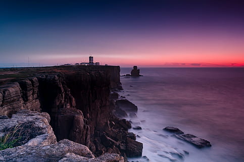 rock formation, body, water, sunset, coast, cliffs, lighthouse, beacon, warning, light, lamp, shore, ocean, sea, long exposure, evening, twilight, scenic, nature, landscape, coastline, view, rock, seaside, dramatic, dusk, purple, rock - object, silhouette, outdoors, horizon over water, winter, sky, solid, beauty in nature, scenics - nature, tranquil scene, land, tranquility, horizon, beach, idyllic, tower, 4K, CC0, public domain, royalty free