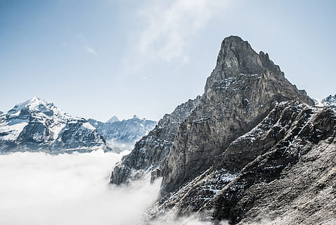 grå, bjergbjerge, dagtimerne, grå bjerg, stenet bjerg, krop af vand, bjerg, Sky, sne, klippe, tåge, natur, bjergtop, europæiske alper, landskab, scenics, vinter, udendørs, bjergkæde, himmel, rock-objekt, is, ingen mennesker, gletscher, blå, Europa, kold temperatur, scenics - natur, skønhed i naturen, miljø, solid, sky - himmel, rolig scene, snedækket bjerg, formation, 4K, CC0, offentligt domæne, royaltyfrie