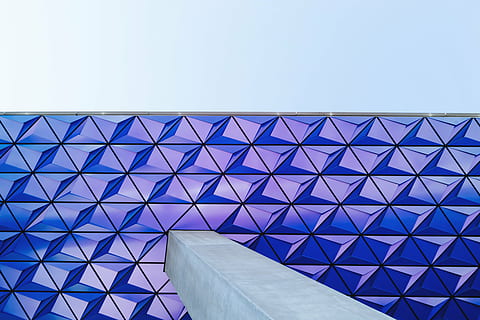worm, eye view, concrete, building, architecture, infrastructure, structure, establishment, art, design, sky, triangle shape, pattern, blue, abstract, built structure, modern, building exterior, futuristic, no people, clear sky, low angle view, day, city, geometric shape, shape, nature, office building exterior, steel, 5K, CC0, public domain, royalty free