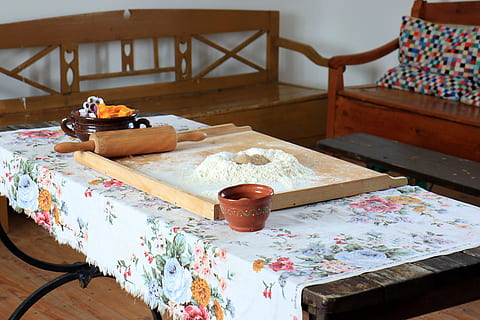 the rustic kitchen, sel dining table, flour, roller, cake, preparation of the, rustic, burning, meal, cooking, baked, preparing a meal, eating, old, open air museum, ancient, easy, climate, table, indoors, art and craft, food and drink, food, no people, pattern, creativity, wood - material, preparation, kitchen utensil, household equipment, day, craft, floral pattern, rolling pin, furniture, still life, freshness, high angle view, tray, 5K, CC0, public domain, royalty free