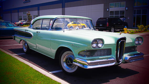 klassisch, hellgrüne Limousine, Straße, Auto, retro, Oldtimer, Ford, edsel, Vereinigte Staaten von Amerika, alt, altmodisch, Retro-Stil, Landfahrzeug, Antiquität, Transport, Geschichte, obsolet, Transportmittel, Kraftfahrzeug, die Architektur, Stadt, gebaute Struktur, Gebäudehülle, Tag, stationär, zufällige Menschen, Reise, Taxi, Stadtstraße, 4K, CC0, gemeinfrei, lizenzfrei