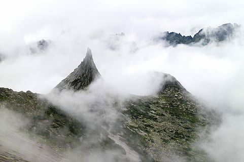 mountain, covered, fogs, mountain under clouds, landscape, nature, cloud, fog, scenics - nature, environment, beauty in nature, cloud - sky, travel destinations, land, sky, no people, mountain peak, plant, mountain range, travel, outdoors, volcano, rock - object, volcanic crater, smog, 5K, CC0, public domain, royalty free