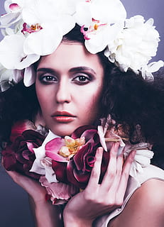 woman, wearing, white, moth orchid flowers hat, closeup, photo, nothing, anything, something, flower, flowering plant, portrait, plant, one person, beautiful woman, women, headshot, looking at camera, real people, beauty, young adult, freshness, young women, close-up, front view, leisure activity, lifestyles, hairstyle, wearing flowers, flower head, teenager, 4K, CC0, public domain, royalty free