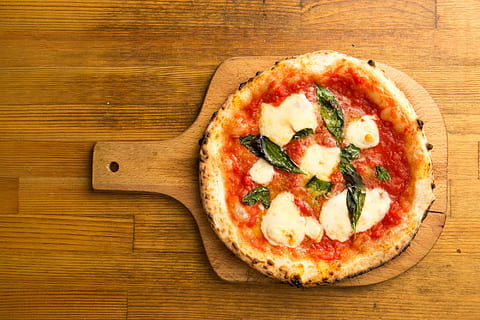 pizza, brown, wooden, board, cheese, tomato, food, food and drink, dairy product, wood - material, italian food, vegetable, table, freshness, unhealthy eating, directly above, indoors, herb, fast food, fruit, close-up, bread, no people, meal, temptation, snack, 1080P, CC0, public domain, royalty free