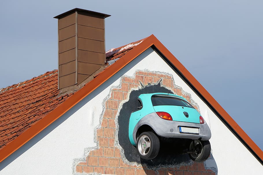 bílý, hnědý, Dům, auto, zeď, průlom, umění, nehoda, vrak, zlomenina, autonehoda, vozidlo, neštěstí, navíc, odváží se, šrot, architektura, exteriér budovy, stavba, přeprava, způsob dopravy, motorové vozidlo, čisté nebe, den, budova, nebe, Příroda, cihlový, slunný, modrý, nízký úhel pohledu, nikdo, město, 4K