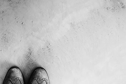 blackandwhite, floor, shoes, backgrounds, old, shoe, personal perspective, human body part, human leg, real people, standing, body part, one person, low section, high angle view, lifestyles, day, unrecognizable person, copy space, directly above, indoors, flooring, leisure activity, human foot, human limb, concrete, 1080P, CC0, public domain, royalty free