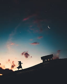 Aube, la nature, ciel, la personne, rétro-éclairé, des nuages, croissant de lune, foncé, crépuscule, soir, lune, nuit, ciel de nuit, en plein air, la photographie, fonctionnement, silhouette, étoiles, montée, nuage - ciel, étoile - espace, beauté dans la nature, Hommes, faible angle de vue, deux personnes, astronomie, le coucher du soleil, paysages - nature, espace, la faune des animaux, bleu, vertébré, 4K, CC0, domaine public, libre de droits