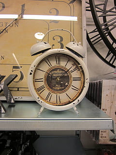 alarm clock, clock, time, zeitgeist, duration, transience, timelessness, time of, time indicating, bell, wait, hours, arouse, clamp, dial, alarm, white, beige, pointer, no people, roman numeral, minute hand, circle, roman, geometric shape, shape, architecture, indoors, clock face, close-up, metal, number, instrument of time, accuracy, design, museum, wall clock, 2K, CC0, public domain, royalty free