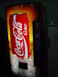 machine, vending, drinks, text, communication, indoors, no people, western script, close-up, red, box, architecture, house, box - container, orange color, wall - building feature, non-western script, built structure, still life, container, safety, message, 2K, CC0, public domain, royalty free