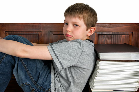 Junge, tragen, grau, T-Shirt mit Rundhalsausschnitt, gelehnt, Buch viel, traurig, Lernen, Schule, lesen, herausfordernd, Entmutigung, Hausaufgaben, Unterricht, adhd, Kind, Jungs, kaukasischer Abstammung, Menschen, Bildung, süß, Kindheit, Männer, eine Person, Schüler, drinnen, Porträt, Legere Kleidung, Kamera betrachten, Nachwuchs, Emotion, Taille hoch, Lebensstile, echte Menschen, Sitzung, braune Haare, Unschuld, Betrachtung, 5K, CC0, gemeinfrei, lizenzfrei