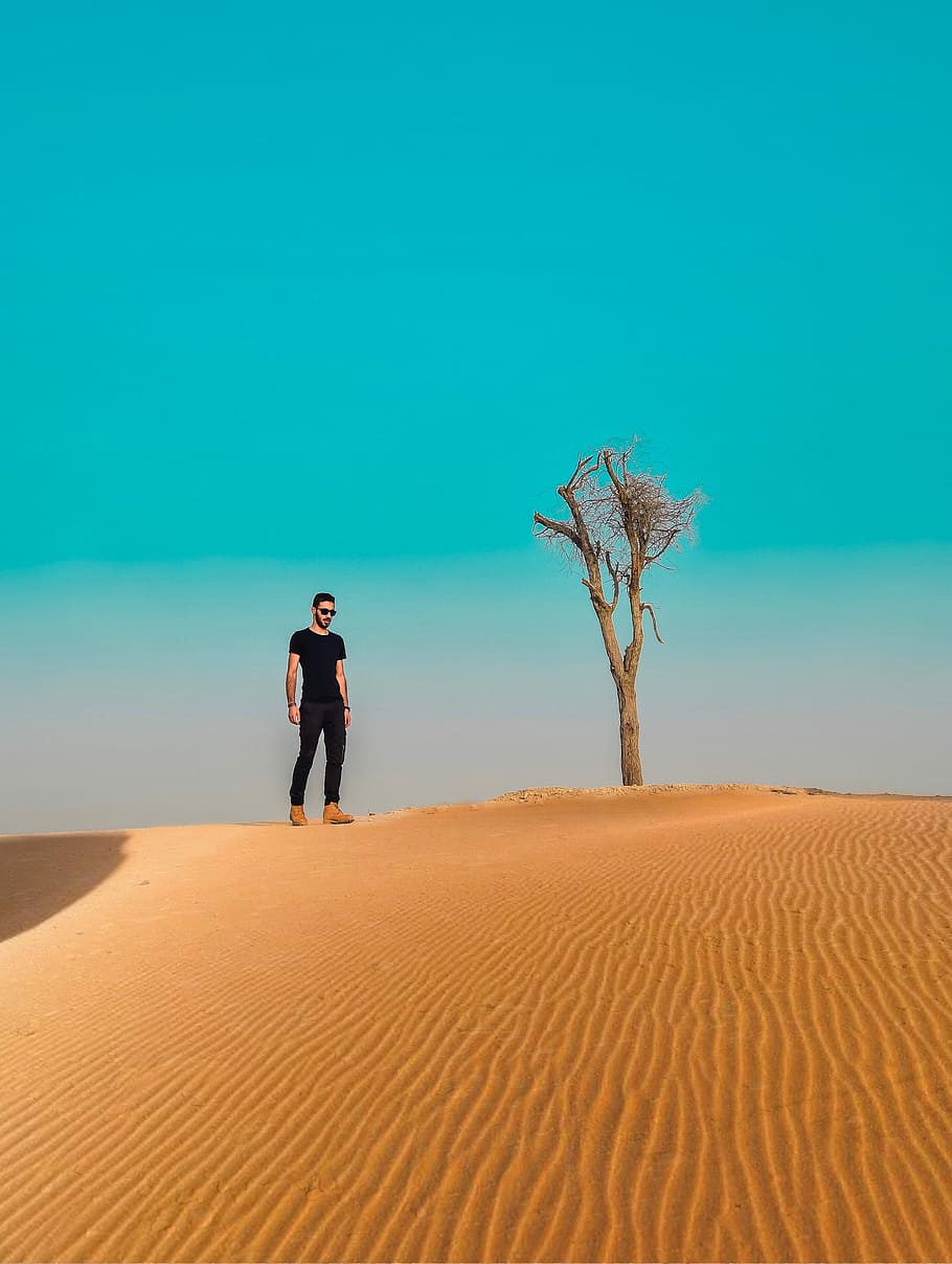 la santedat, silenci, home, de peu, desert, arbre, durant el dia, sorra, duna, ondulació, ombra, masculí, cel, blau, negre, dubai, terra, una persona, duna de sorra, escenics - natura, paisatge, clima àrid, clima, naturalesa, persones reals, cel clar, horitzó, medi ambient, escena tranquil·la, bellesa a la natura, longitud completa, dia, homes, a l'aire lliure, 2K