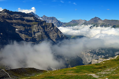 grå, stenet, bjerg, omgivet, skyer, bjerge, landskab, alpine, outlook, klippe, eng, Schweiz, bjergkæde, scenics, natur, rolig scene, ro, udendørs, ingen mennesker, dag, miljø, jord, skønhed i naturen, tåge, himmel, scenics - natur, rock-objekt, rejse, sky - himmel, solid, rejsemål, bjergtop, turisme, fyrretræ, nåletræ, 4K, CC0, offentligt domæne, royaltyfrie